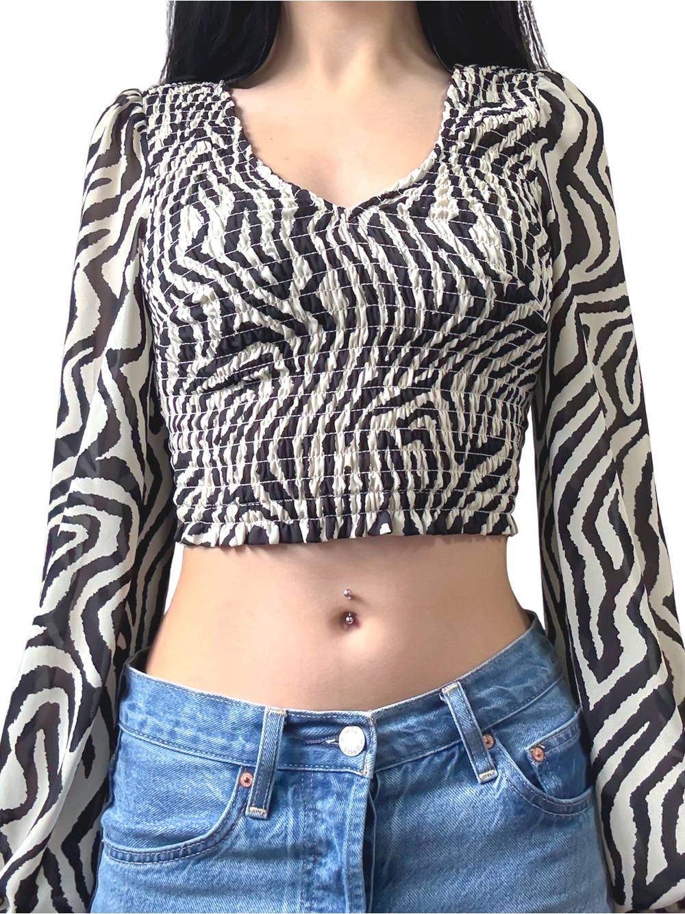 DYNAMITE Smocked Blouse Cropped Top Black White Zebra Print Size XXS GUC